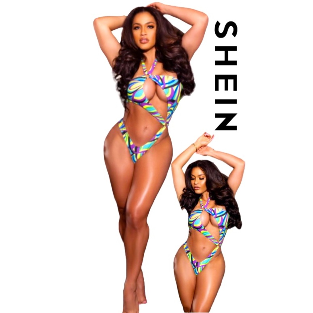 SHEIN Sexy Summer Beach Multi-Color Ring Linked One-Piece Swimsuit Sz L